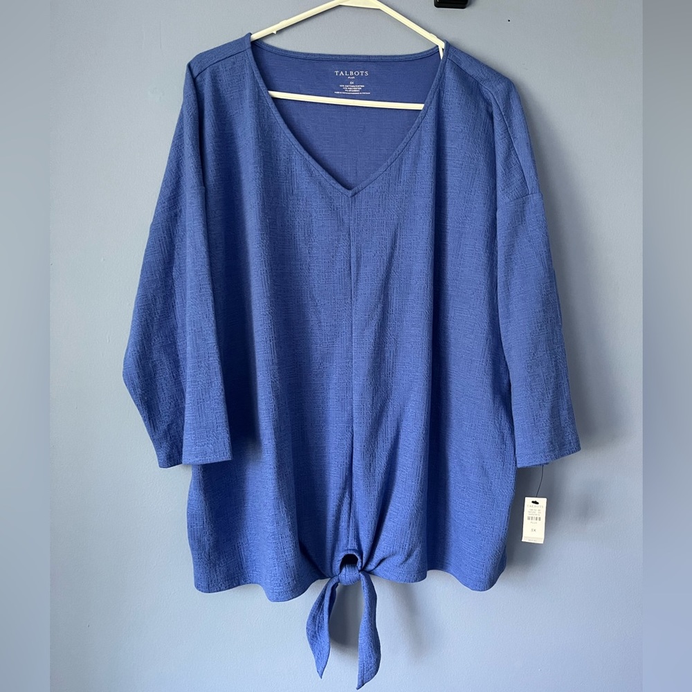 Talbots V Neck Knot Tie Front Blouse Blue 3/4 Sleeve 3X Knit Top